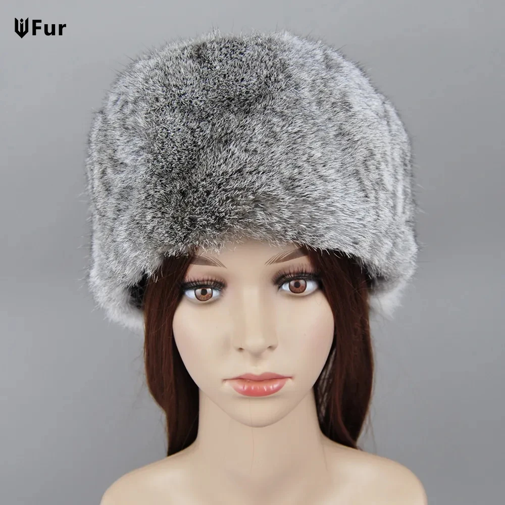 

Women Winter Hat Luxury Real Rabbit Fur Bomber Hats Lady Winter Genuine Rabbit Fur Cap Beanies Warm Soft Fluffy Natural Fur Hat