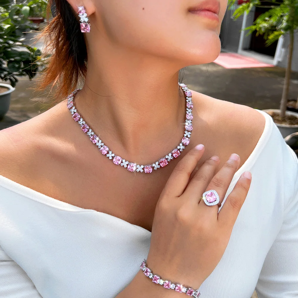 

CWWZircons Luxury Romantic Pink Square Cubic Zirconia Necklace 4pcs Sets for Women Bridal Wedding Engagement Party Jewelry T0861