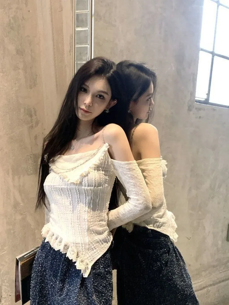 

HOUZHOU Y2k Sexy Coquette T Shirts Women Korean Style Vintage Elegant Lace Patchwork Long Sleeve Slim Tees Tops Summer 2024 Y2k