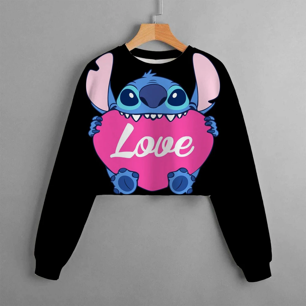 Girls Hoodie Casual Cartoon Anime Fun Print Children\'s Top Spring and Autumn Disney Lilo&Stitch Girls\' Short Round Neck Sweater