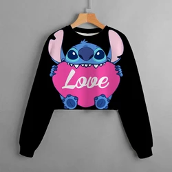 Girls Hoodie Casual Cartoon Anime Fun Print Children's Top Spring and Autumn Disney Lilo&Stitch Girls' Short Round Neck Sweater