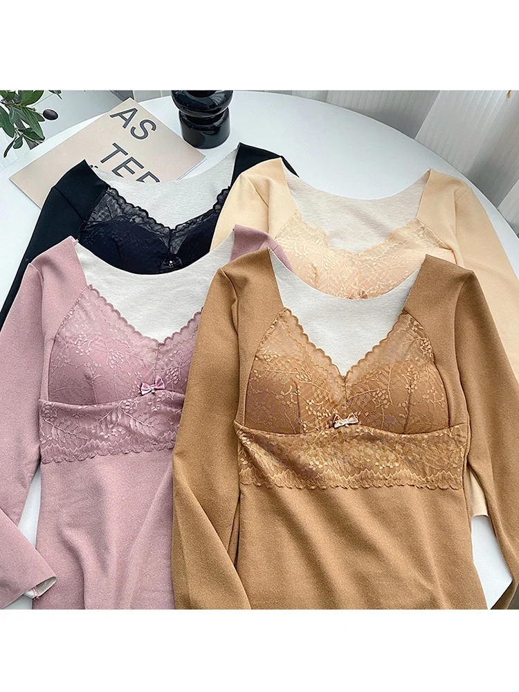 

Женское термобелье Long Sve Lace V-Ne больших размеров с подкладкой, осенне-зимний повседневный топ с узлом