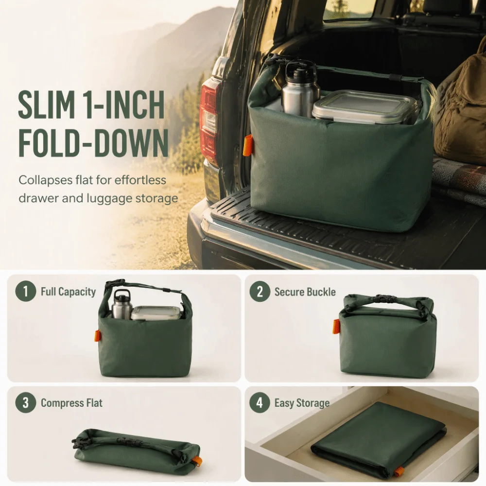 Oxford Cloth Insulated Lunch Tote Foldable Zipper Closure Lunch Tote Bag Insulated Lining Green Portable Lunch Bag