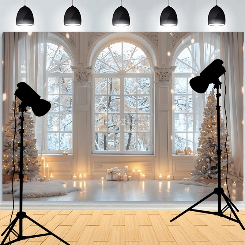 يوم عيد الميلاد الموقد خلفيات للتصوير الفوتوغرافي نافذة كبيرة غرفة المعيشة Wreach شجرة عيد الميلاد الموقد السنة الجديدة خلفية XH-31