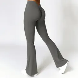 Pantalones de Yoga de nailon para mujer, glúteos de melocotón en forma de V traseros, pantalones largos de cintura alta para Fitness, pantalones acampanados de realce de cadera