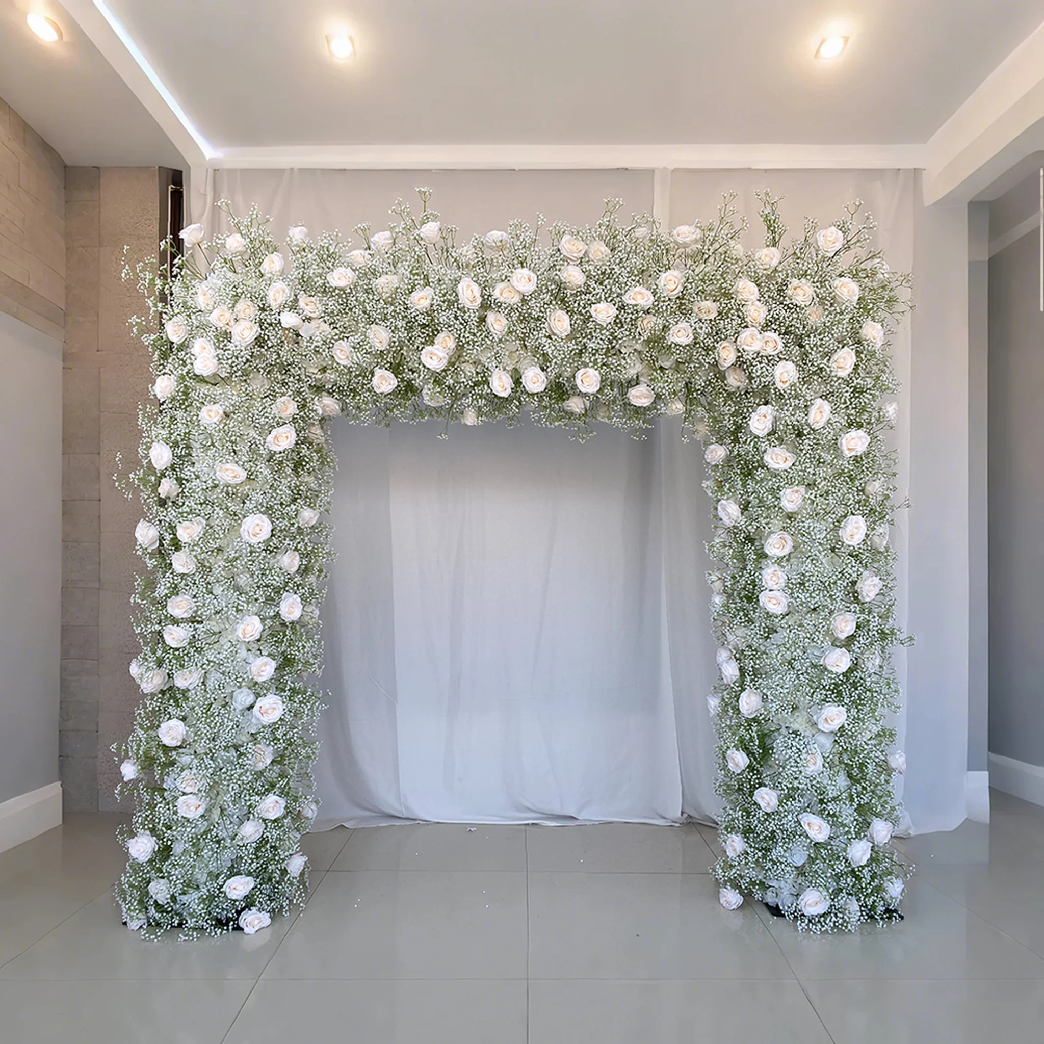 

Elegant White 8x8ft Silk Baby's Breath Flower Arch Wedding Backdrop Artificial Floral Design