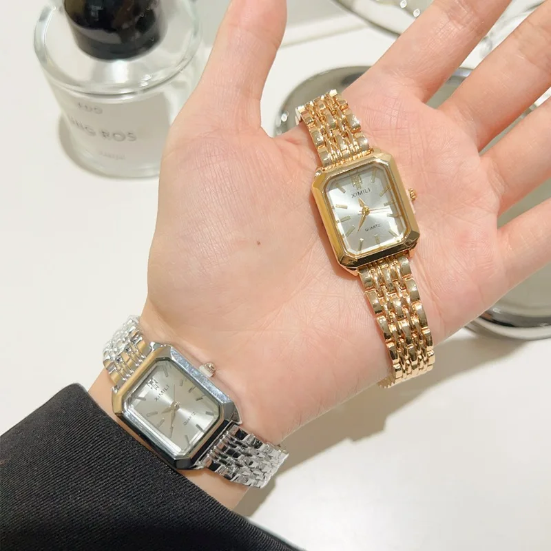 Stainless Steel Square Quartz Watch Business Fashion Light Luxury Simple Scale Quality Gold Plated Women Lady Roman Scale Clock