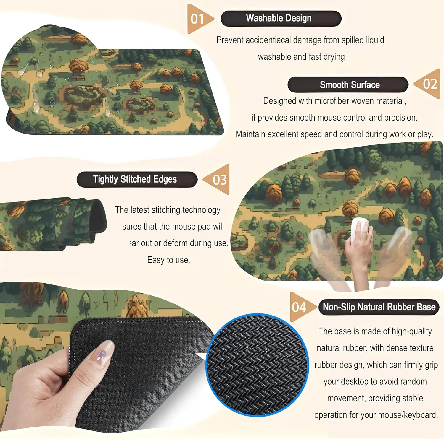 Retro Brown Green Desk Mat Green Forest Pixel Mouse Pad Non-Slip Rubber Base Mousepad, Laptop Computer Mat with Stitched Edges