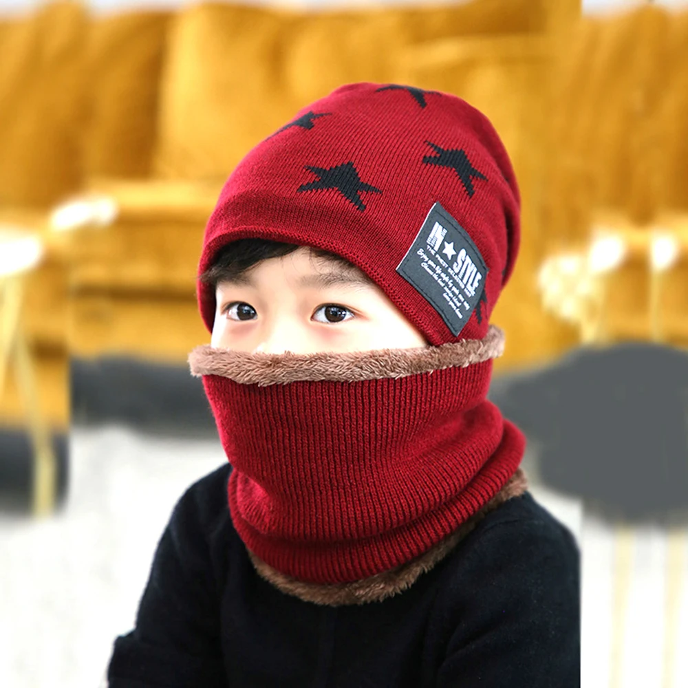 Children\'s Winter Woolen Hats Scarf Set Baby Boys Girls Korean Thick Warm Knitted Star Pattern Beanie Hat Kids