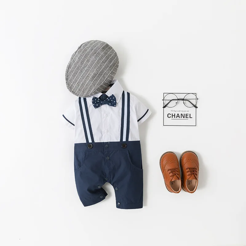 Baby Boys Summer Formal Short Sleeve Romper Jumpsuit with Hat 2Pcs Set Suspender Bodysuit Infant Toddler Crew Neck Onesie Outfit