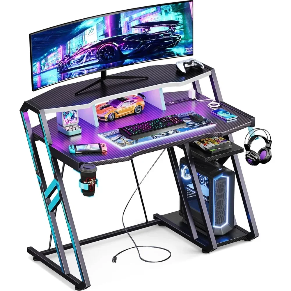 

Gaming Desk with Power Outlet & LED Lights, Gaming Computer Desk 39inch with PC Storage Shelf, Gaming Table