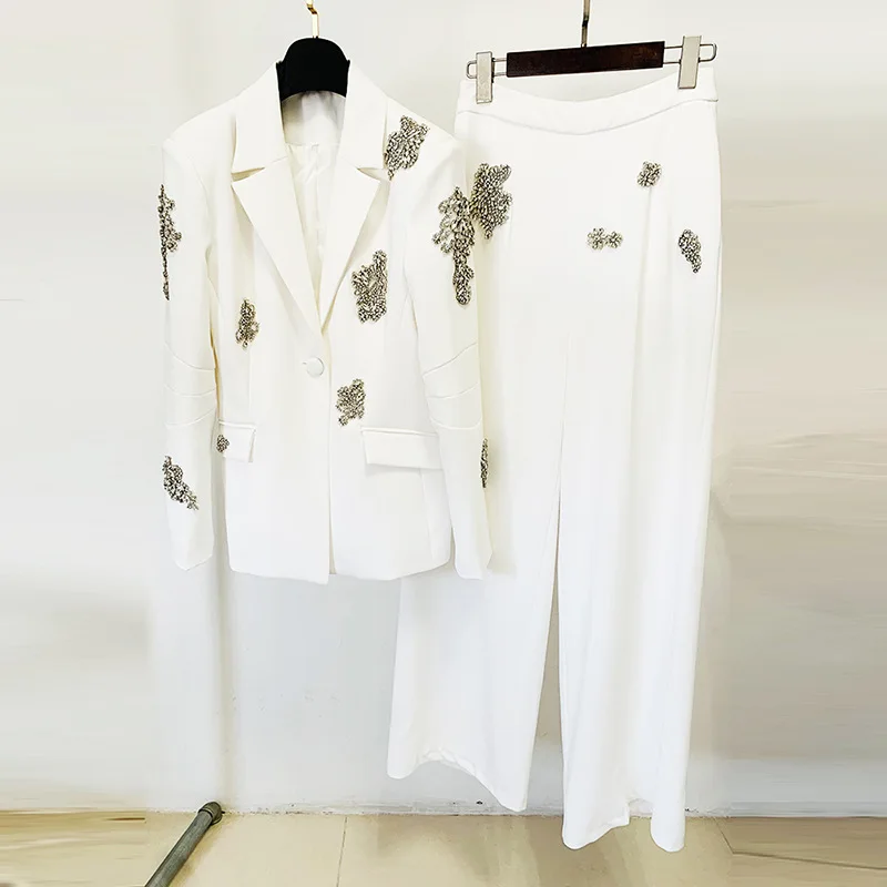 Designer Autumn Diamond Suit Coat Women White Blazers Beaded Wide Leg Pants Set Two Pieces Suits Formal Occasion Office Lady