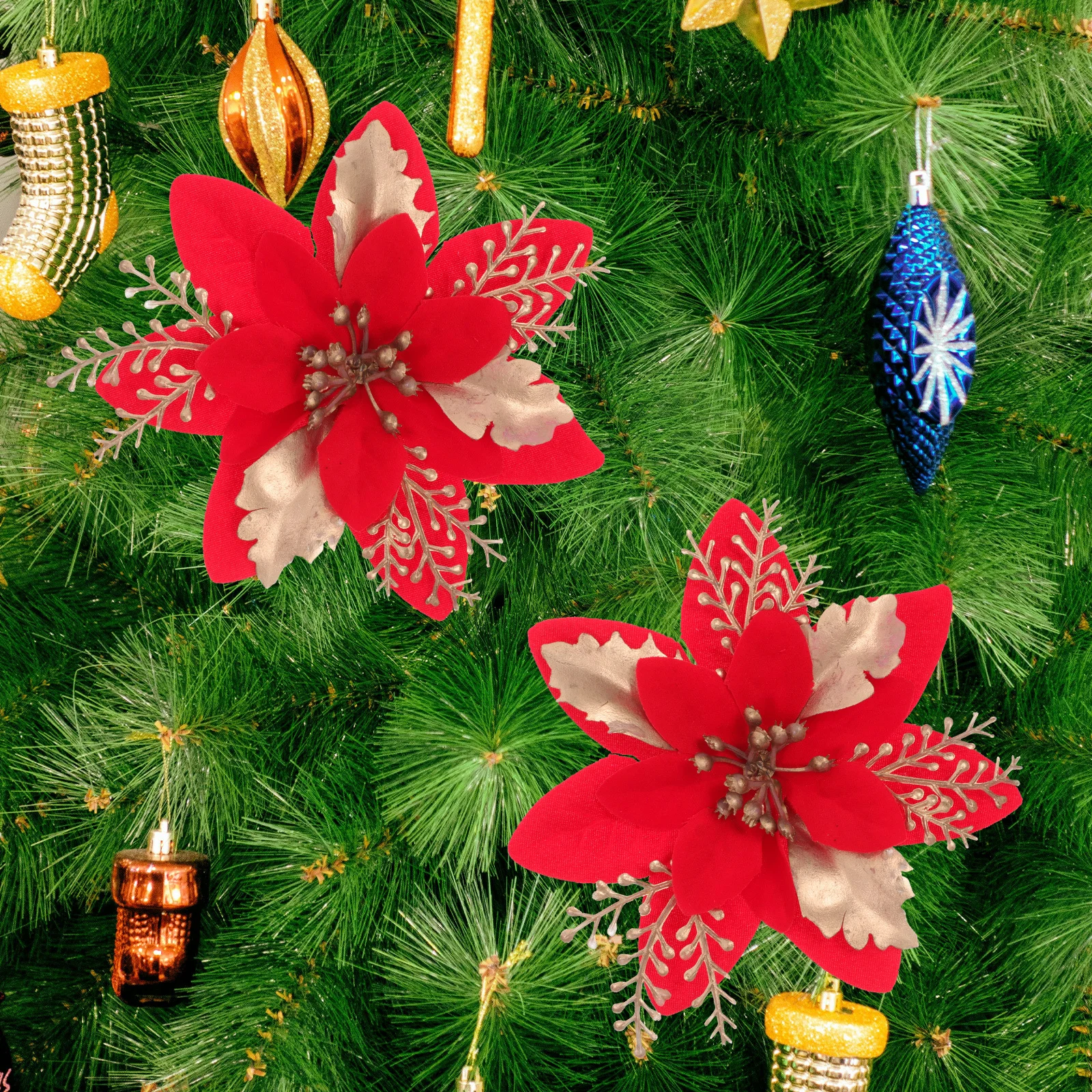

6Pcs Realistic Artificial Poinsettia Christmas Flower Decorations Red Glitter Clips Cloth Brooch Holiday Wreath Tree Ornaments