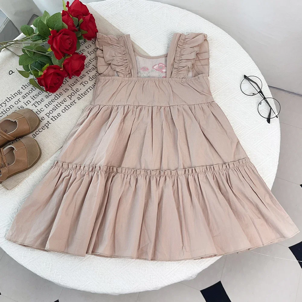 Khaki Round Neck Pleated Sleeveless Floral Embroidery Casual Dress for Girls Aged 3-7 Daily Wear Summer Promotion