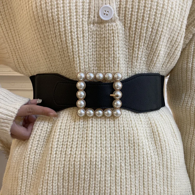 

Women's Belt PU Leather Metal Pearls Buckle Waistband Fashion Elastic Waist Band Ins Style Tunic Belt Dress Decorative Accessory