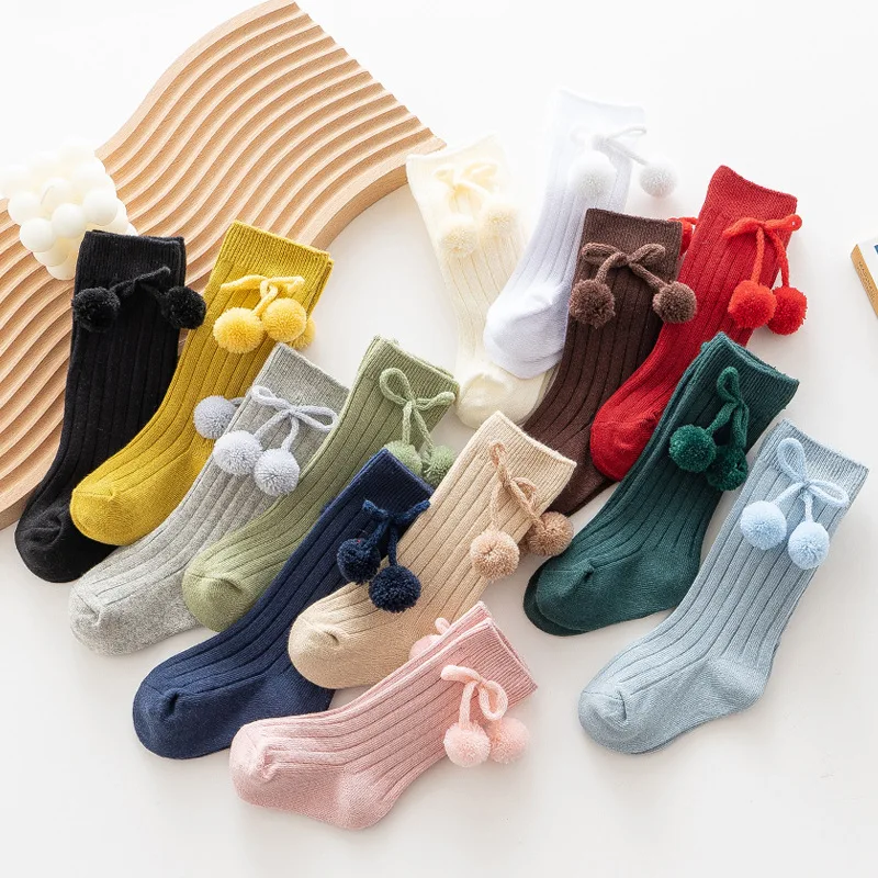 Baby Socks Anti-Slip Kids Autumn Winter Sock Pompom Knee High Sox Girls Candy Color Crew Socks Ribbed Infant Knitted Socks 0-3Y