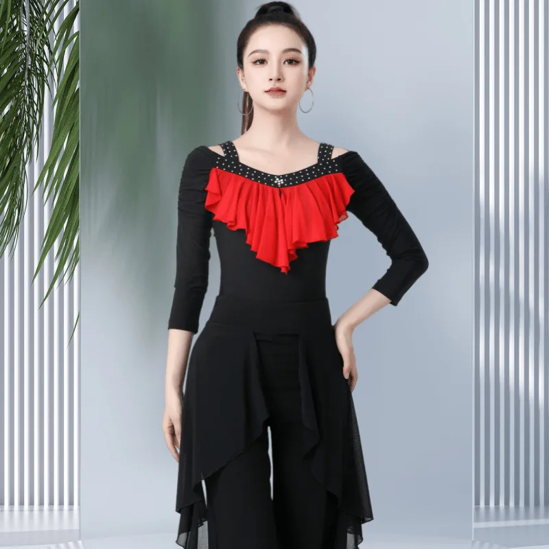 

Sexy Women Dance Shirt Jumpsuit Tops Ballroom Modern Salsa Tango Samba Latin Training Shirts Sling Female Adult Dancewear Tops