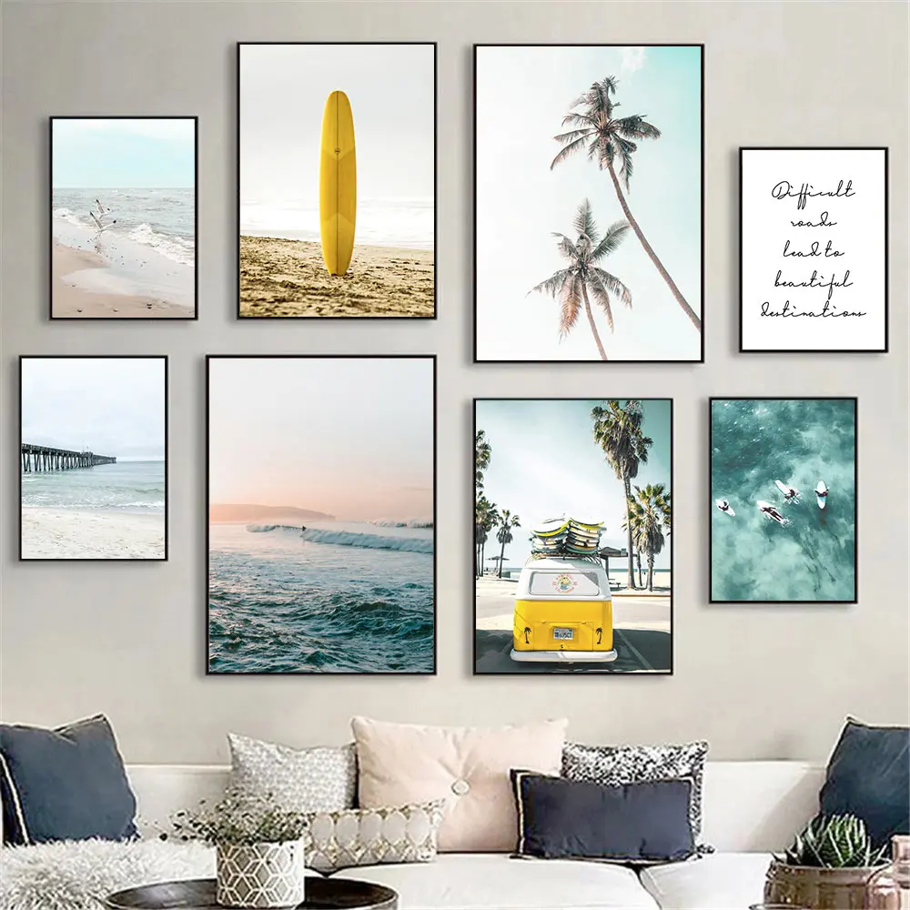 Yellow Travel Car Surfboard Canvas Poster California Ocean Landscape Painting Beach Surf Wall Art Print Pictures Home Decorat
