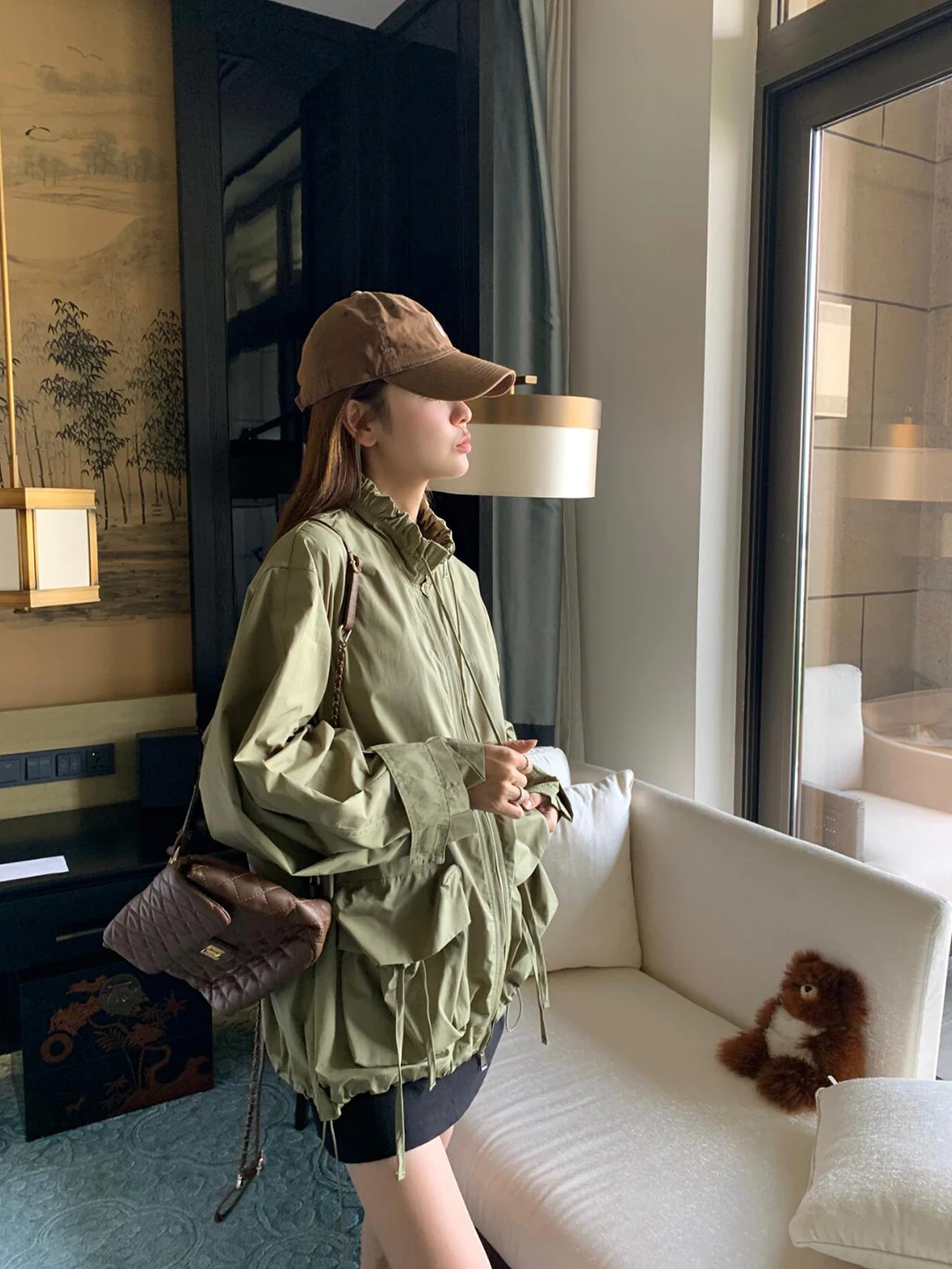 Military Green Workwear Style Jacket Short Coat Women Loose Fit Korean Fashion Standard Version Machine Washable Long Sleeve