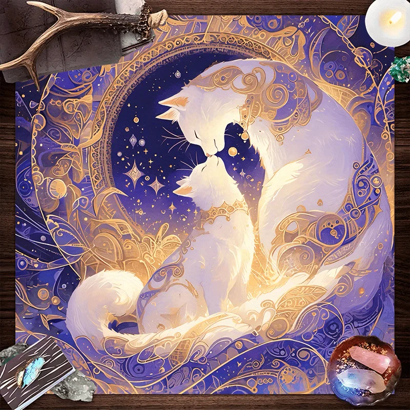 VIKAMA Dream Star Cat Tablecloth Double Cats Snuggling Gold Pattern Starry Sky Bedroom Study Magic Tarot Card Decoration