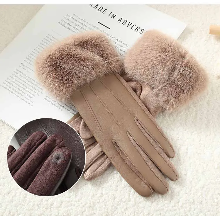 Winter Luxus frauen PU Leder Handschuhe Handgelenk Weiche Faux Pelz Trim Manschette Mode Elegante Party Warm Touch Screen Stick radfahren – Detail 4