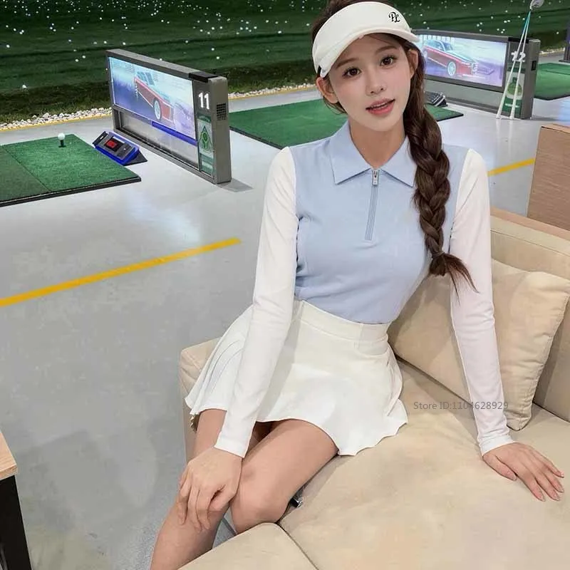PL Golf Women Zipper Collar Polo Shirt Thin Sunscreen Ice Silk Long Sleeves Sports Top Ladies Pleated A-lined Tennis Golf Skirts