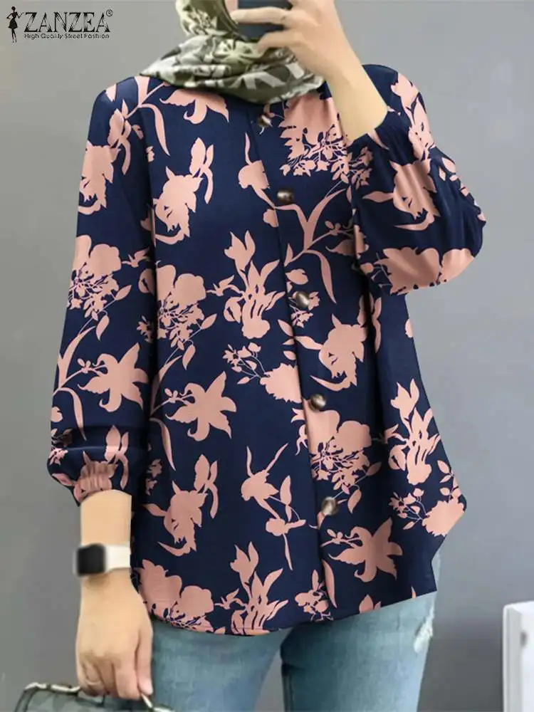 

2023 ZANZEA Women Muslim Abaya Blouse Vintage Floral Printed Long Sleeve Tops Bohemian Holiday Shirt Casual Islamic Clothing