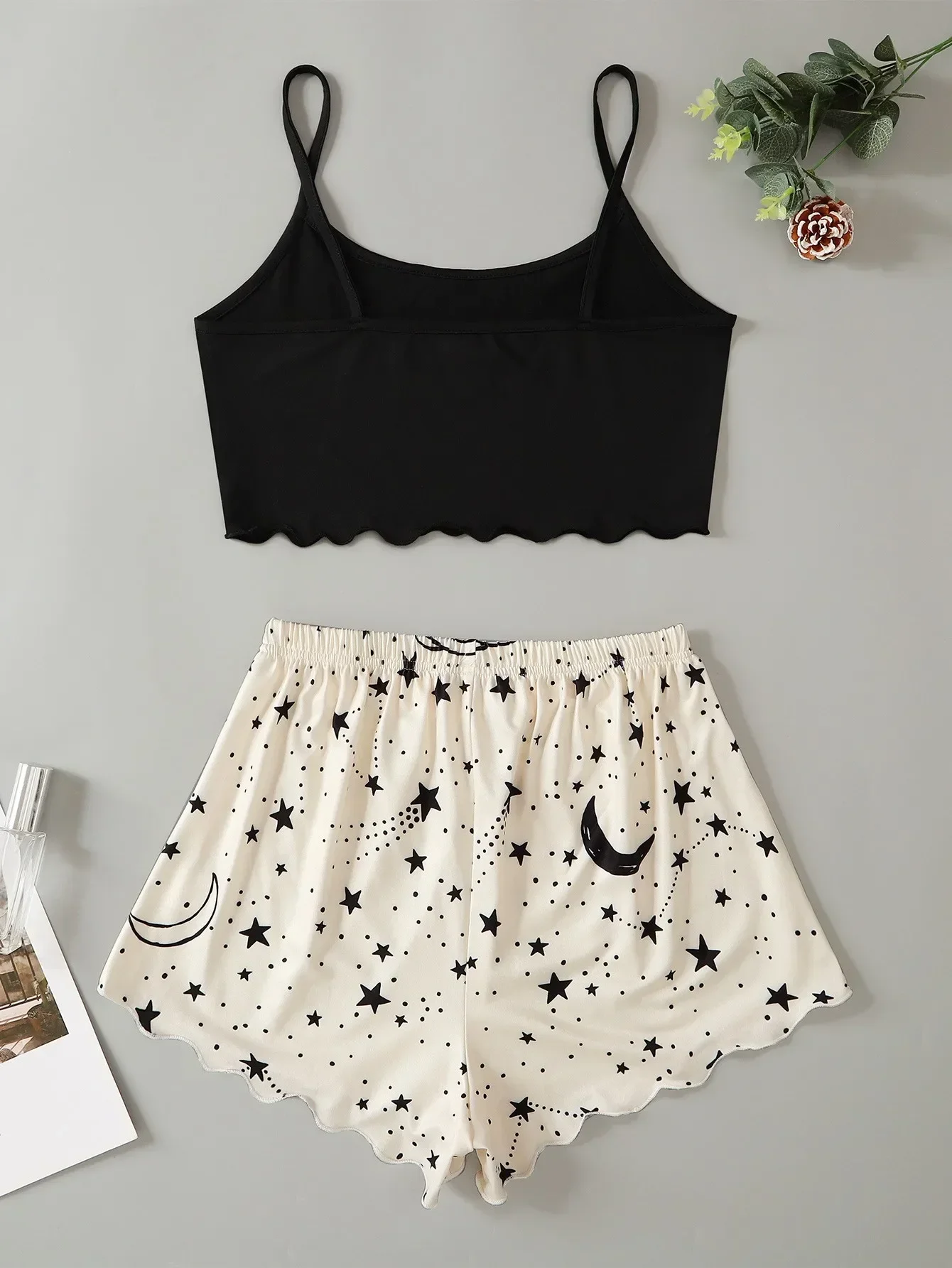 Summer Sleepwear Women Sexy Lingerie Pajama Set Moon Stars Letter Printed Sleeveless Crop Tops with Shorts Pyjamas Sets