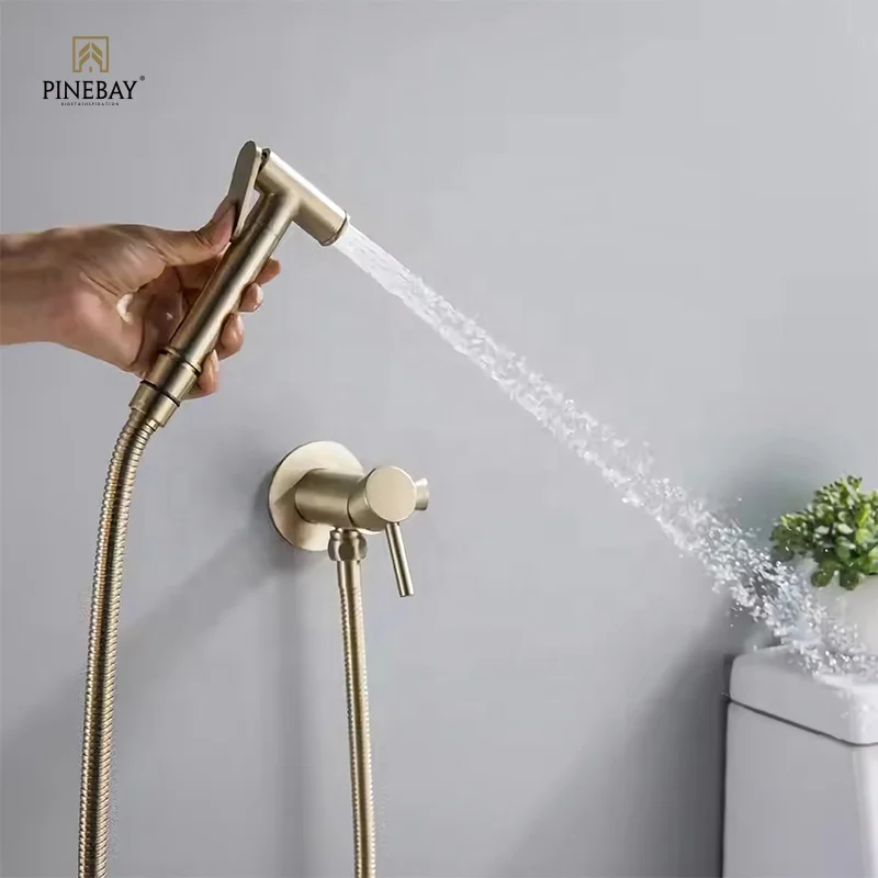 PINEBAY High Quality Brass Brushed Gold Wall-Mounted Bidet Sprayer Set Soft/Jet Spray 3-Year Warranty Bathroom Douche Shower