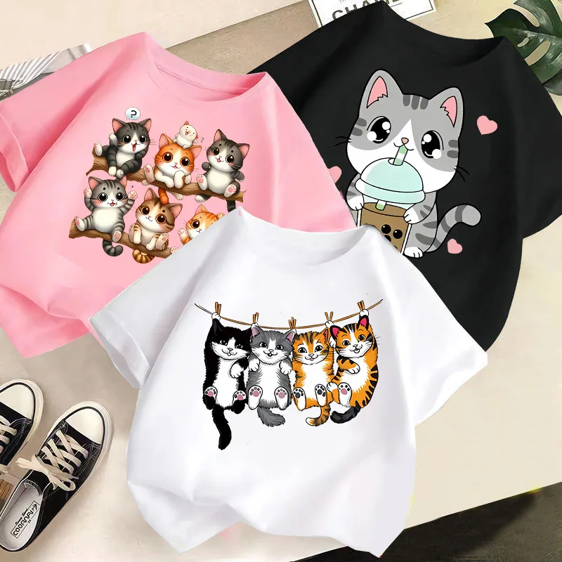 

A New Summer Children's Short-sleeved T-shirt with A Round Neck, Loose and Cute Cat Print Kids Clothes