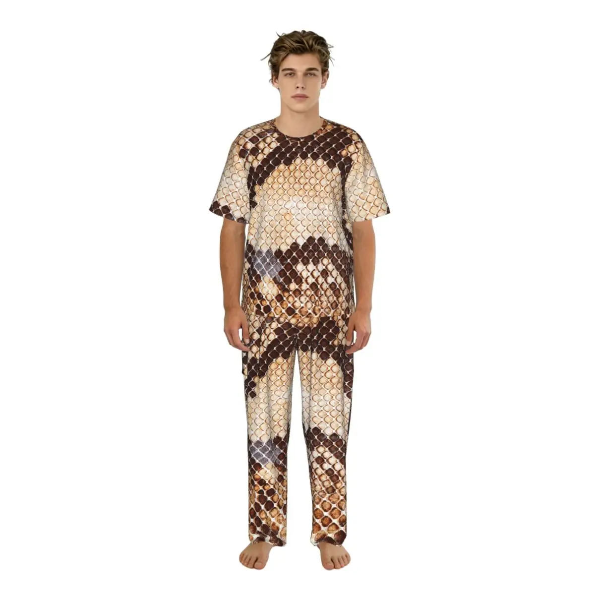 

Пижама для дома на лето и весну с принтом под змеиную кожу, с коротким рукавом и длинными брюками