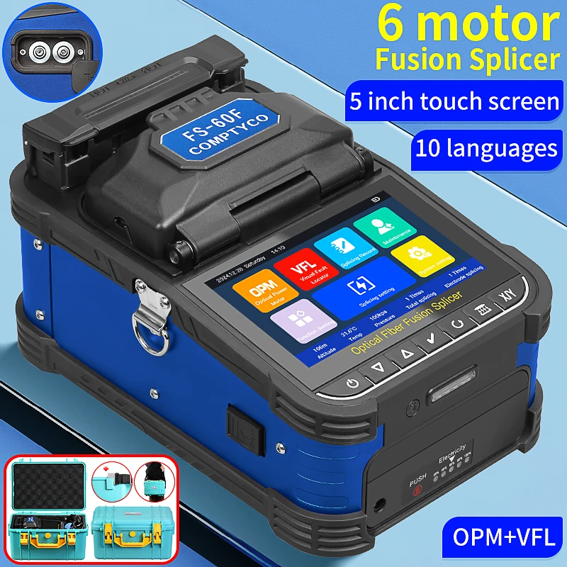 

COMPTYCO FS-60F Сварочный аппарат для оптического волокна, 6 двигателей, многоязычный сварочный аппарат с сердечником волокна с сенсорным экраном, встроенный VFL OPM