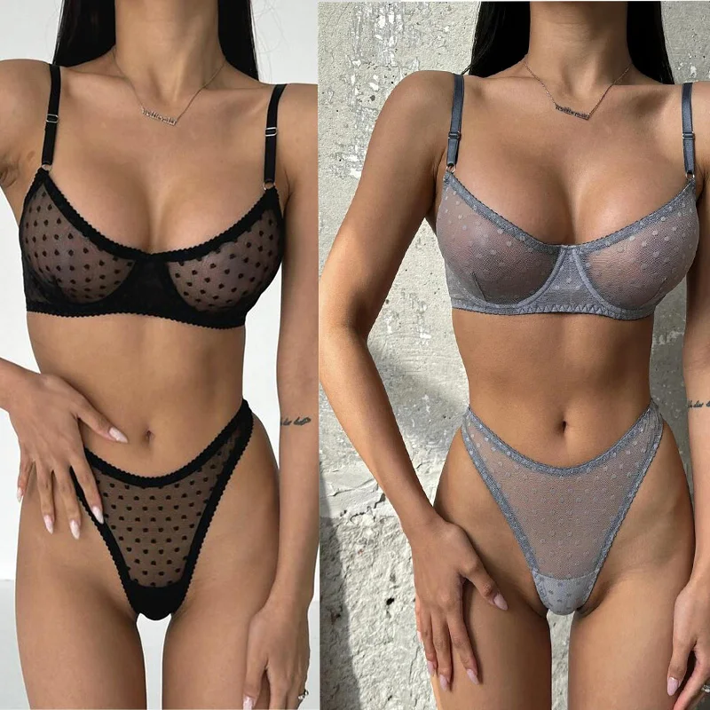 Bra set Dot thin mesh see through tight fitting promotions 99% sales sexy lingеrie set Women sets sexy bras sexy female intimate