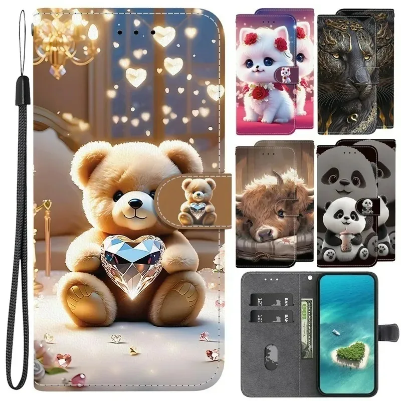 

A16 A26 Animal Case Lion Panda Leather Phone Cover For Samsung Galaxy A36 A56 A26 5G A16 4G Wallet Flip Coque Card Protect Cases