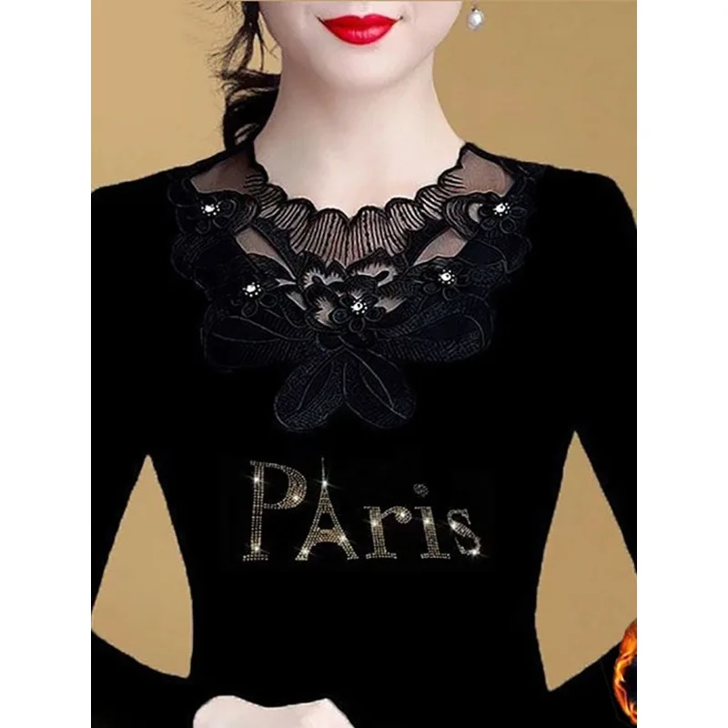 New Milk Silk Fleece Lined plus Size Long Sleeve Mesh Base Shirt Women's Lace Top Casual Style Polyester Fabric Sleeveless