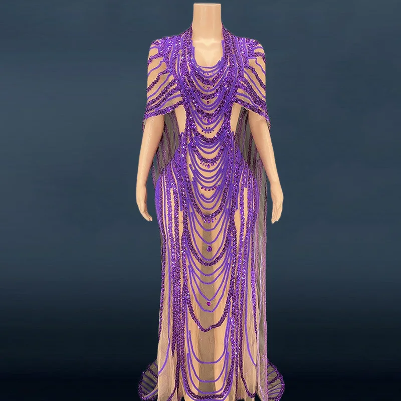 

Stage Costume Crystal Sequins Women's Evening Dress Dress Long Fat Robe Femme Chic Et Élégante Vestidos De Festas Para Casamento