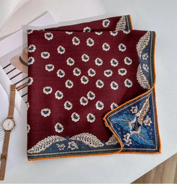 70% Wool 30% Silk Scarves for Women Vintage Orange Print Square Scarf Hijab Scarf head handkerchief for Women Accessory