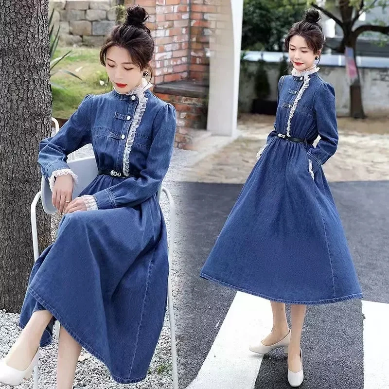 

Y2K Denim dress Women's Spring Autumn New Lace Stitching oversize Elegant Luxury dress Slim Long Sleeve Retro Casual Jeans dress