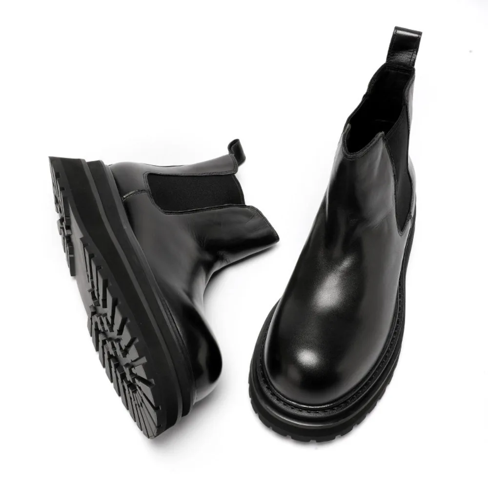 Mens Genuine Full Grain Leather Thick Sole Height Increasing Boots British Style Big Toe High Top Ankle Boots