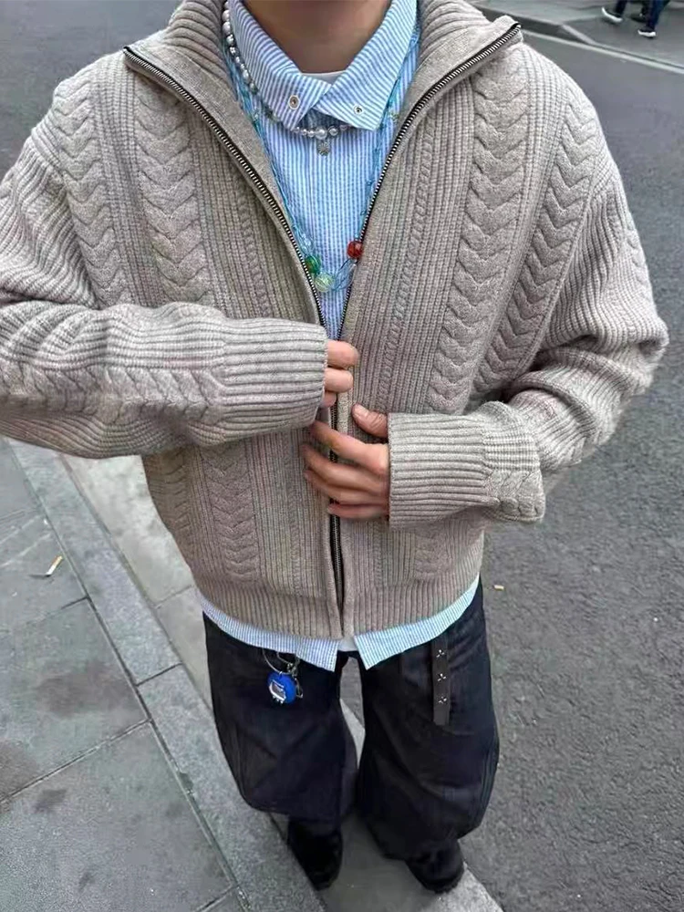 

Мужской вязаный свитер в американском ретро-стиле, зимний модный кардиган на молнии с воротником-стойкой, с бахромой, с длинными рукавами, теплый.