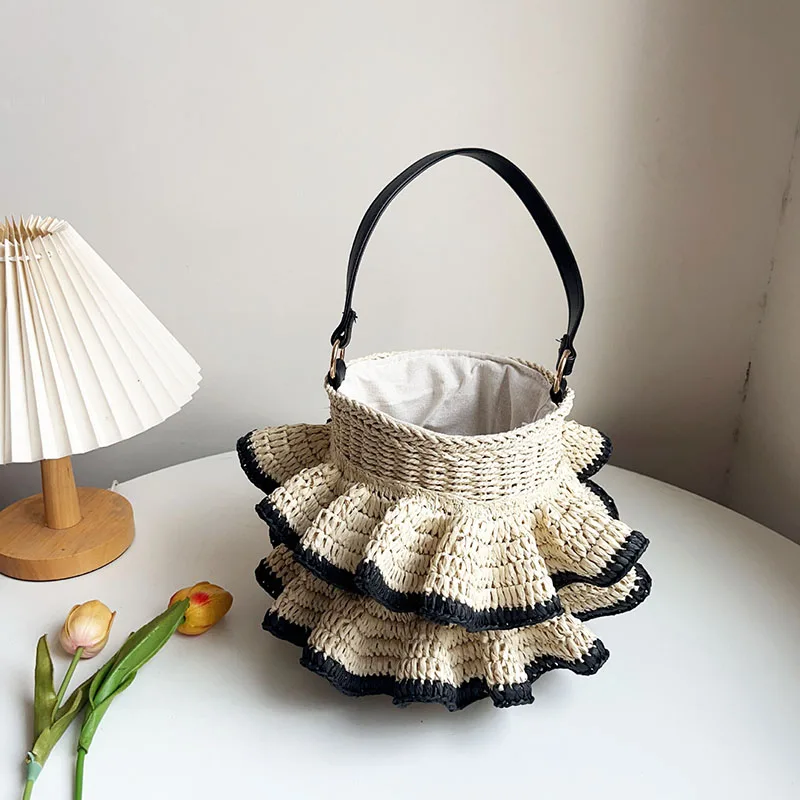 

Bohemian Woven Shoulder Bags for Women Summer Ruched Bucket Bag Travel Beach Bag Handbagsand Purses Paper Rope Woven Bags Clutch