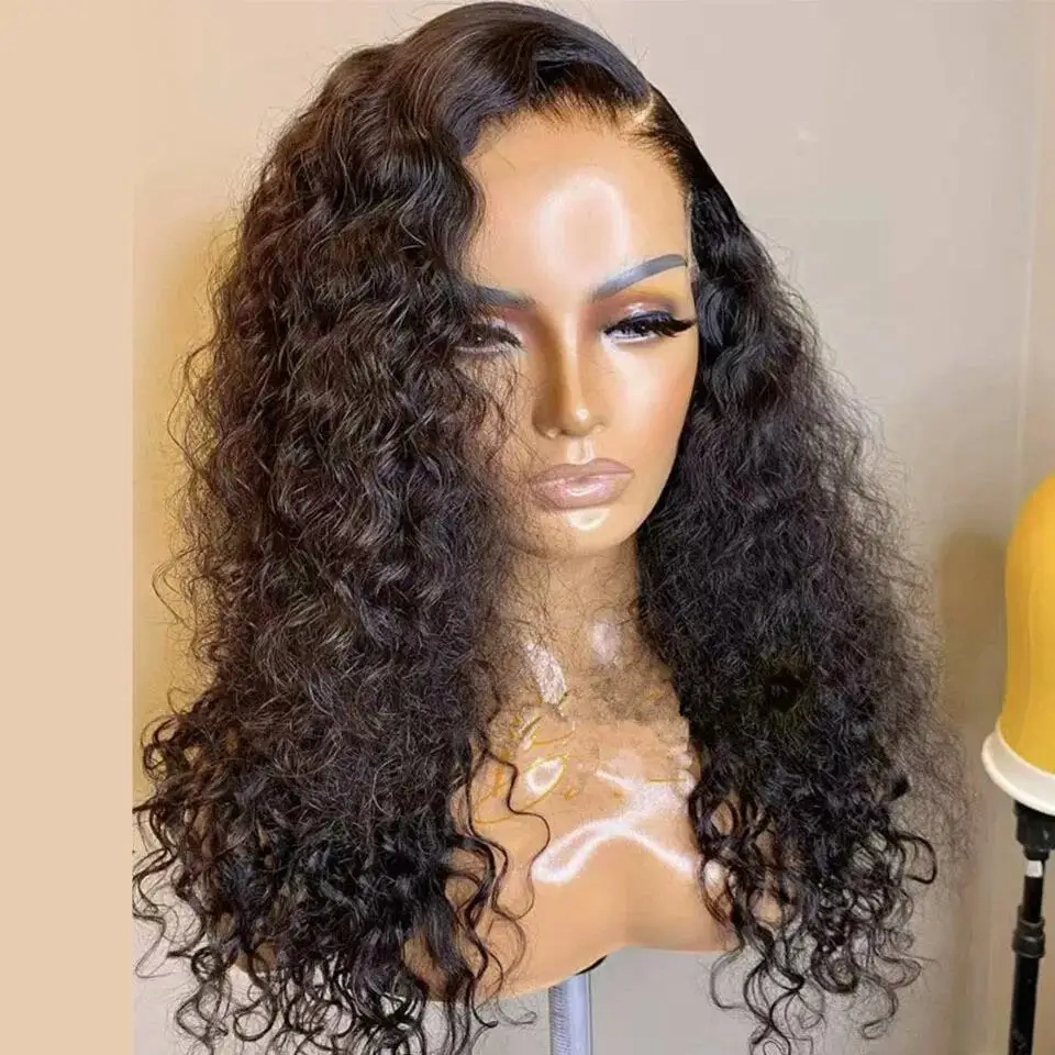 Natural Black Soft 180Density 26Inch Long Kinky Curly Lace Front Wig For Women BabyHair Heat Resistant Glueless Preplucked Daily