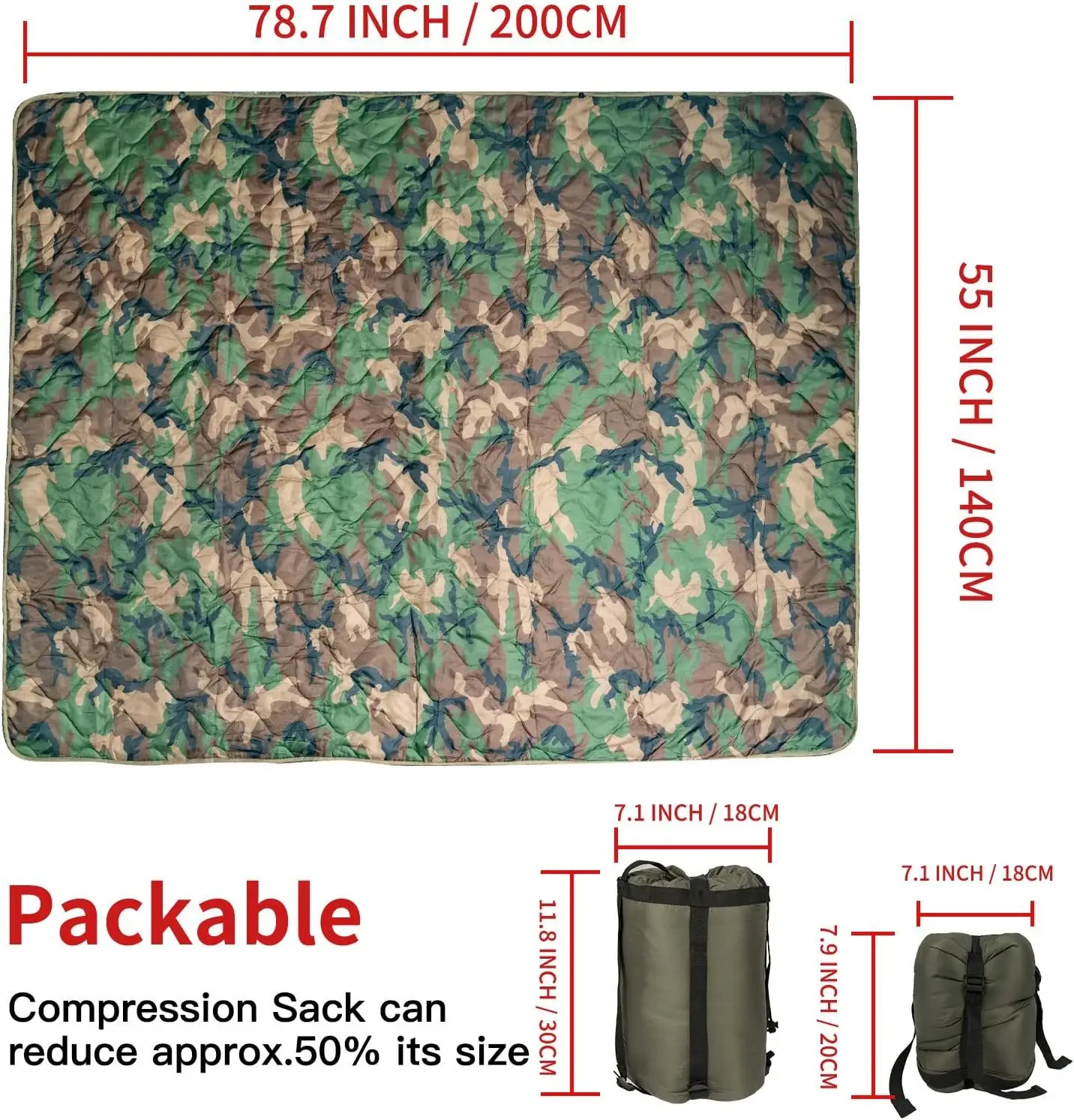 Kylebooker Camo Woobie Blanket Waterproof Poncho Liner for Outdoor Camping; Hiking; Hunting; Survival; Backpacking; Picnicking