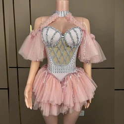 Sexy Off-The-Shoulder Halter Mesh Rhinestones Bodysuit Evening Party Performance Costume Bar Nightclub Singer Dancer Stage Wear