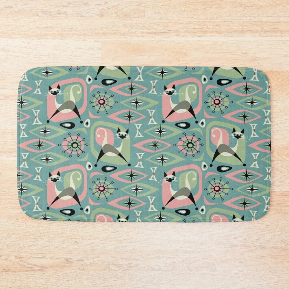 

Mid Century Siamese Cat Abstract on Blue Bath Mat Bathtub Anti Slip For Bathroom And Toilet Mat