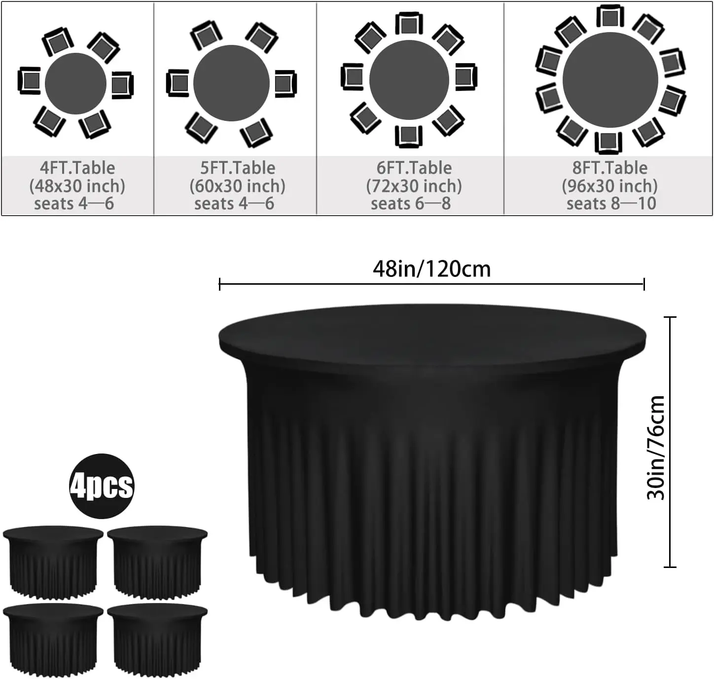 4 Pack Black 48Inch Round Table Skirt | Round Tablecloth For 4Ft Tables|Polyester Spandex Round Table Cloths With Skirt|Stain