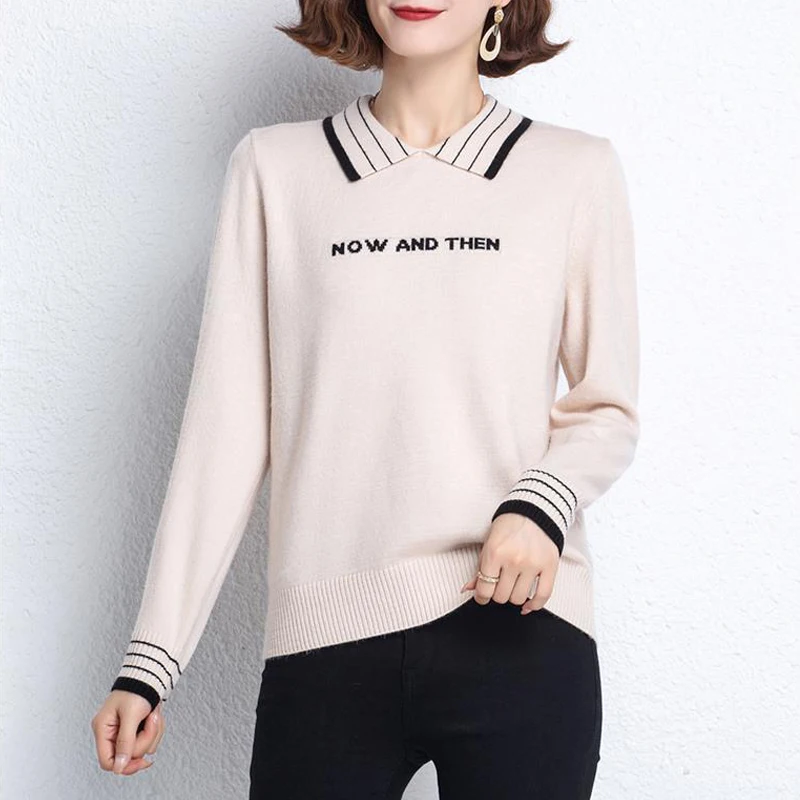 Women Trendy Letter Vintage Elegant Knitwear Autumn and Winter Korean Long Sleeve Kintted Sweater Female All Match Pullover Tops