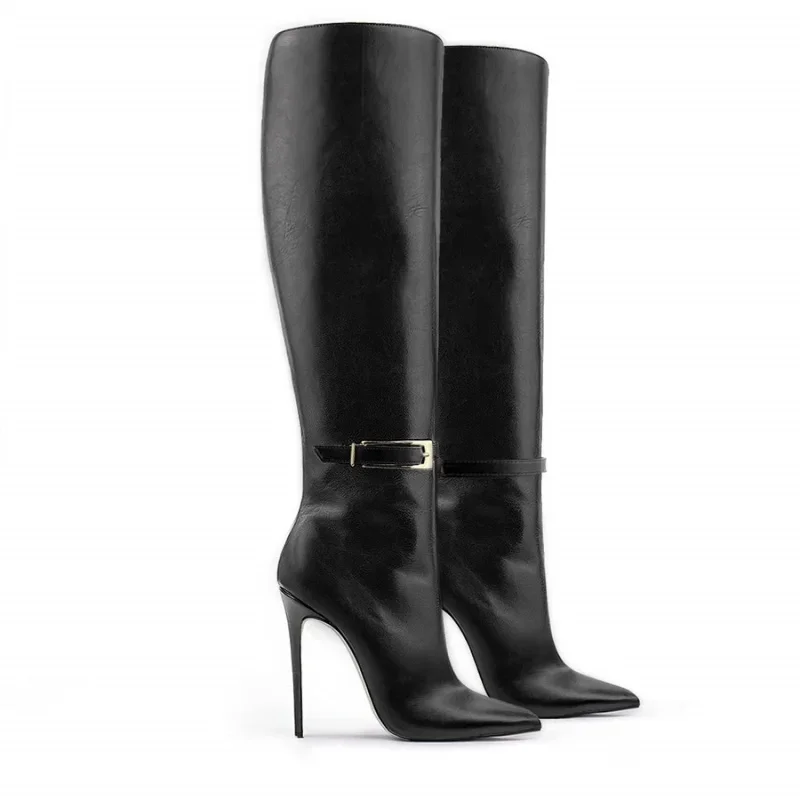 Metal Decoration  Leather Knee High Boots Sexy Pointed Toe Solid Zipper Accept Customized New Arrivals Fashion Women Boots