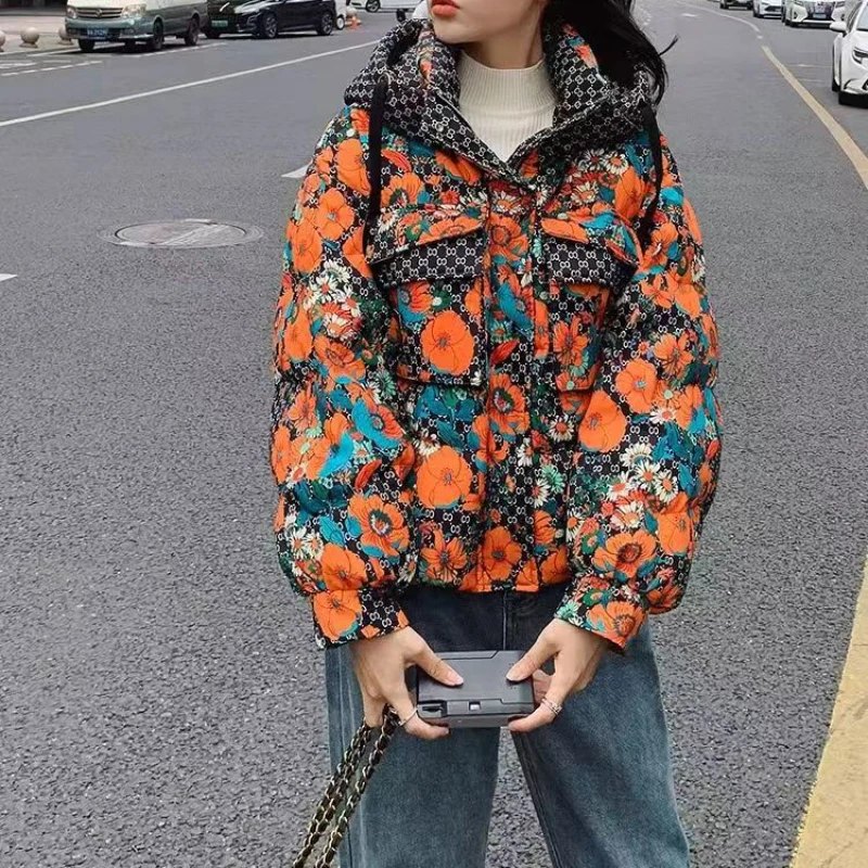 Printed Thickened Down Jacket, Loose Warm Short Section, White Duck Down, New, 2024 Fall and Winter