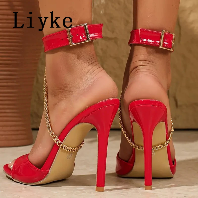 Liyke 2025 موضة الصيف سلسلة معدنية حزام مشبك حزام مصمم الصنادل النساء أحذية الحفلات الراقصة مثير المفتوحة تو متجرد الكعوب الأحمر #5